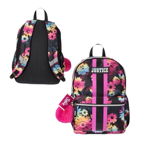 Justice 17” Floral Laptop Backpack With Pom Pom Dangle And Key Ring - Picture 1 of 6